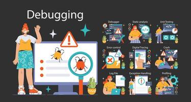 Software testing dark or night mode set. Code testing and debugging vector