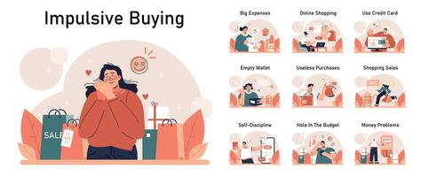 Impulsive buying set. Shopaholic money problems. Consumer doing useless vector