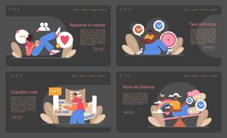 Digital multitasking web banner or landing page dark or night mode set. vector