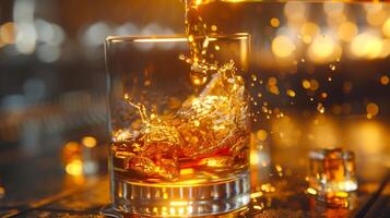 Whiskey Pouring into Glass with Bokeh Background photo