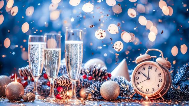 nuevo años víspera celebracion champán y reloj foto
