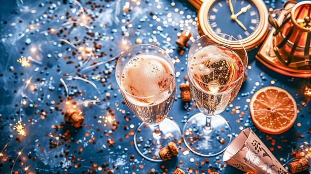 nuevo años víspera celebracion champán y reloj foto