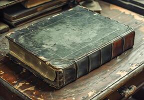Aged Leather-Bound Book on Rustic Table photo