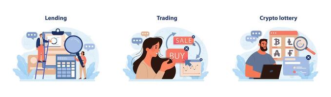 DeFi, decentralized finance set. Smart distributed ledger vector