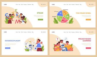 Stem education web banner or landing page set. Schoolers gaining vector
