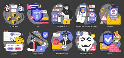 Data privacy dark or night mode set. Cyber or web security. vector