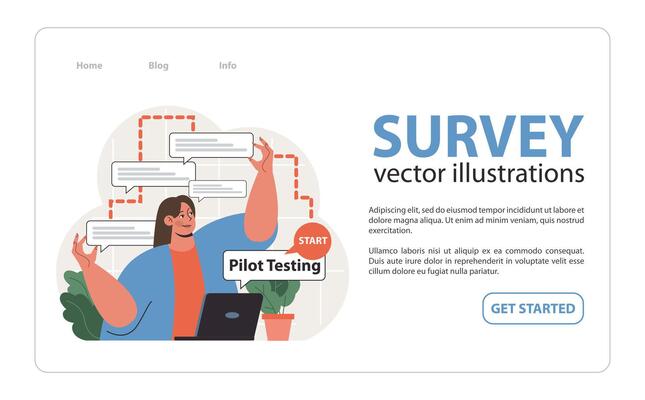 Public opinion polling web banner or landing page. Female character
