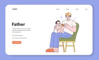 Father and little kid relationship web banner or landing page. Man holding vector