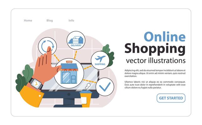 E-commerce set. Online shopping, character purchasing goods on a website