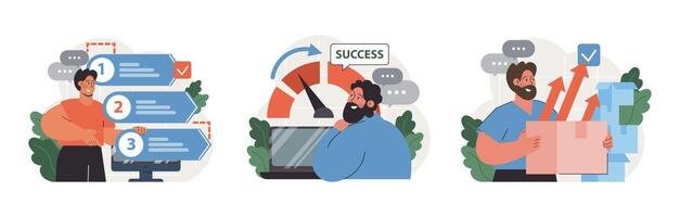 Progress set. Work optimization and efficiency. Character moving vector