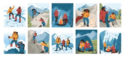 Mountaineering set. Mountain climbers with backpacks during nature vector