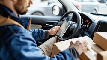 Delivery driver using a tablet for navigation while sitting in a vehicle, surrounded by packages. Concept of logistics and transportation. photo
