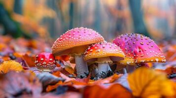 Vibrant red mushrooms with white spots surrounded by fallen autumn leaves in a forest with soft, blurred background in fall season. photo
