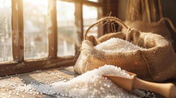 A rustic scene with a burlap sack of coarse salt next to a wooden scoop on a wooden table by a window, bathed in warm sunlight. photo