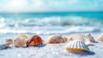 Colorful seashells on a pristine sandy beach with a turquoise ocean and soft waves in the background under a bright, sunny sky. photo