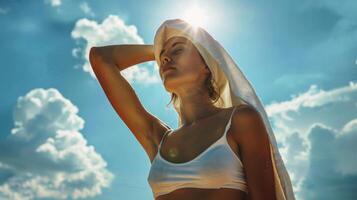 Woman basking in the sun with a serene expression, sky and clouds in the background. Light and shadows emphasize summer and relaxation. photo
