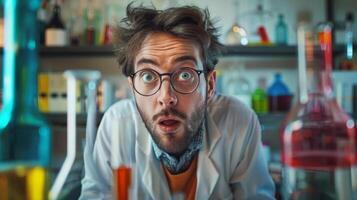 Curious scientist in a laboratory, wearing a lab coat and glasses, surrounded by colorful chemicals and glassware, looking surprised. photo