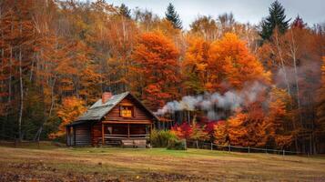 Cozy wooden cabin nestled in a forest with vibrant autumn foliage, smoke from the chimney creating a warm, inviting atmosphere. Perfect fall setting. photo