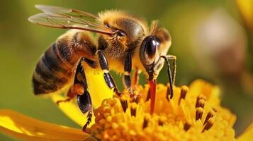 Close-up of a honeybee collecting nectar from a vibrant yellow flower with a blurred green background, showcasing details of bee anatomy. photo