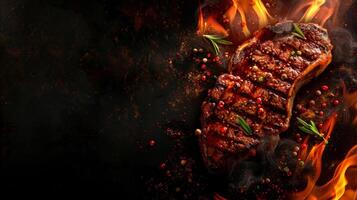 Grilled steak sizzling on open flames, seasoned with herbs and spices. Perfect for barbecue, food, and culinary themes. photo