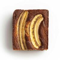 Top view of a delicious banana bread slice with perfectly ripe bananas, presented on a white background, showcasing a rich, moist texture. photo
