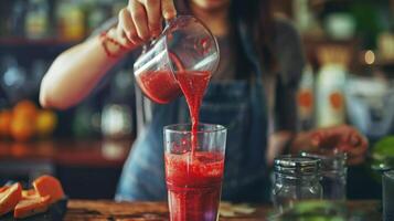 Close-up of person pouring fresh fruit smoothie into glass. Vibrant colors, healthy beverage, and hands visible. Perfect for wellness themes. photo