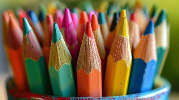 A colorful assortment of sharpened pencils in a cup, showcasing vibrant shades and artistic possibilities, ideal for creative projects. photo