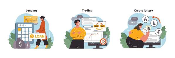 DeFi, decentralized finance set. Smart distributed ledger vector