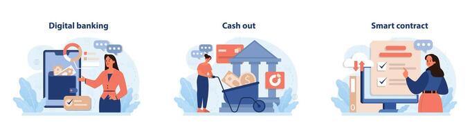 DeFi, decentralized finance set. Smart distributed ledger vector
