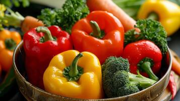 Fresh colorful vegetables including red, yellow, and orange bell peppers, broccoli, and carrots in a wooden bowl. Healthy and vibrant produce. photo