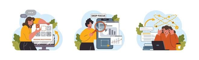 Hyperfocus set. Focus and concentration skill. Self-discipline and time vector