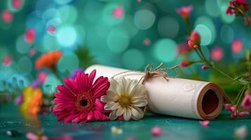Rolled up parchment paper with colorful blooming flowers against a vibrant bokeh background creating a festive and celebratory mood. photo