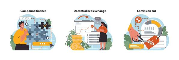 DeFi, decentralized finance set. Smart distributed ledger vector