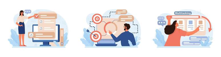 Hyperfocus set. Focus and concentration skill. Self-discipline and time vector