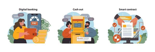 DeFi, decentralized finance set. Smart distributed ledger vector