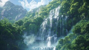 Breathtaking waterfall cascading down lush green mountains under a bright blue sky with clouds, creating a tranquil and serene nature scene. photo