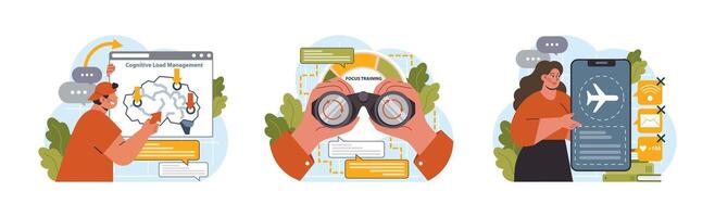 Hyperfocus set. Focus and concentration skill. Self-discipline and time vector