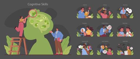 Cognitive skills dark or night mode set. Human cognitive function, vector