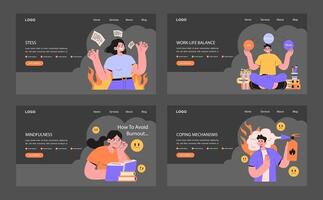 Professional burnout web banner or landing page dark or night mode set vector