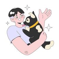 Character with a dog. Happy man and pet spend time together. vector