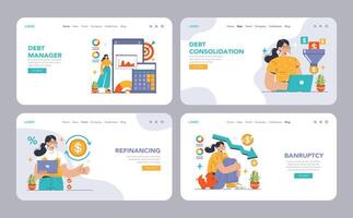 Debt management web banner or landing page set. Organization, tracking vector