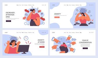 Anxiety web banner or landing page set. Character mental health issues vector