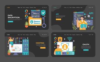 Back-end development web banner or landing page dark or night mode set vector