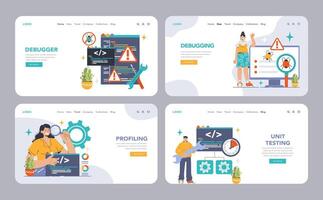 Software testing web banner or landing page set. Code testing vector