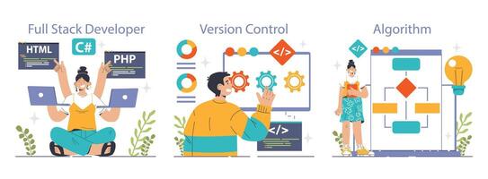 Software development set. Coding, back-end and front-end engineering vector
