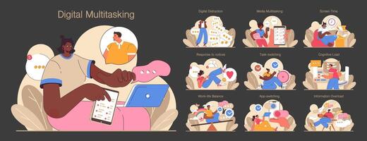 Digital multitasking set. Effective and competent office worker media vector