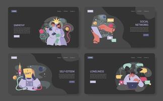 Loneliness web banner or landing page dark or night mode set. vector