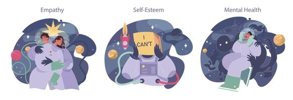 Loneliness set. Unhappy person, astronaut left alone in space. Character vector