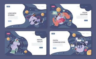Loneliness web banner or landing page set. Unhappy person, astronaut vector