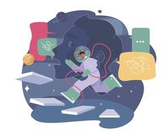 Loneliness. Unhappy person, astronaut left alone in space. Character vector